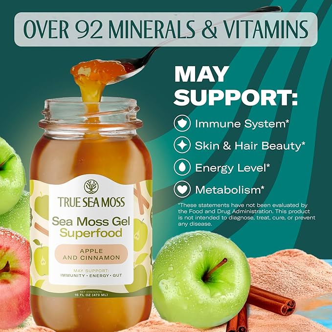 TrueSeaMoss Sea Moss Gel – Made in USA – Wildcrafted Seamoss, Fresh Fruits & Sea Vegetables – Apple/Cinnamon, Pack of 1 (Labels may Vary)