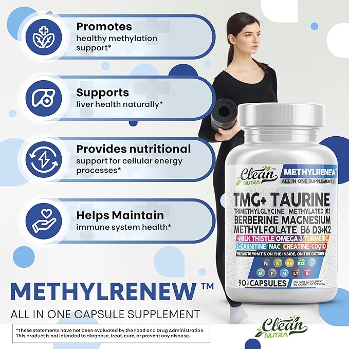 Clean Nutra Methylated Multivitamin for Women Men TMG Taurine Supplement + B6 Vitamins, B12, D3 K2, Magnesium Methylfolate Milk Thistle Omega 3 Turmeric NAC L Carnitine Creatine COQ10 B Complex Caps