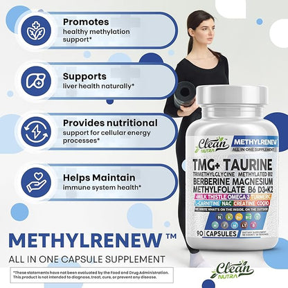Clean Nutra Methylated Multivitamin for Women Men TMG Taurine Supplement + B6 Vitamins, B12, D3 K2, Magnesium Methylfolate Milk Thistle Omega 3 Turmeric NAC L Carnitine Creatine COQ10 B Complex Caps