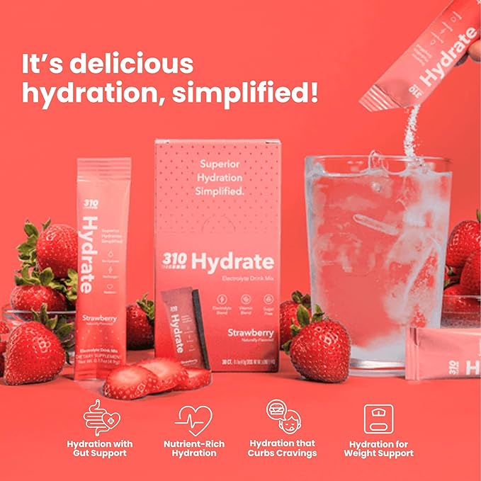 310 Hydrate Electrolytes Powder Packets - No Sugar Hydration Packets with Key Vitamins & Minerals - Keto Friendly - Tasty Sugar Free Electrolyte Drink - 30 Single Servings - Strawberry
