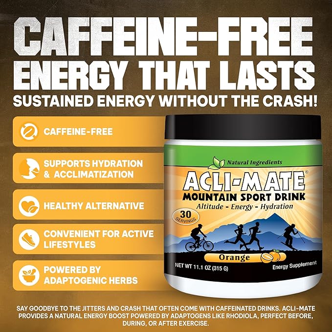 Acli-Mate Mountain Sport Drink Mix - Energy Powder Supplement - High Altitude Acclimatization Hydration - Recovery Drink for Running, Cycling, Hiking, Workout, Skiing, Travel & More - 1 Tub (Orange)