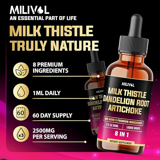 8in1 Milk Thistle Liquid Drops with Dandelion Root Extract, Artichoke Tincture, Turmeric Curcumin, Schisandra Berry, Chanca Piedra, Peppermint and Beet Root - 60 Days Supply - 2 Fl Oz