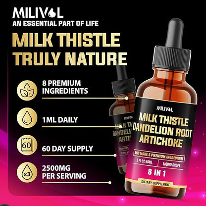 8in1 Milk Thistle Liquid Drops with Dandelion Root Extract, Artichoke Tincture, Turmeric Curcumin, Schisandra Berry, Chanca Piedra, Peppermint and Beet Root - 60 Days Supply - 2 Fl Oz