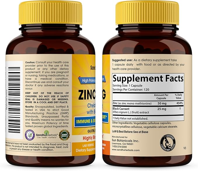 Zinc Supplements for Men and Women | Zinc 50mg with Black Currant 120 Vegetarian Capsules | Highly Absorbable Form for Immune Support | Zink 50 mg Supplement Promotes Skin Health