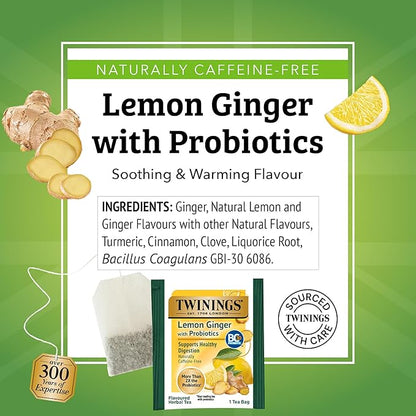 Twinings Superblends Probiotics+ Lemon & Ginger Flavoured Herbal Tea with Turmeric, Naturally Caffeine-Free, 18 Tea Bags (Pack of 6), Enjoy Hot or Iced, 108 Teabags