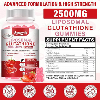 2500MG Liposomal Glutathione Gummies Supplement - Skin Whitening & Protect Liver Gummies, Increas 98% Absorption Rate, with L-Glutathione, Milk Thistle & L-Glycine, Antioxidant Anti-Aging Support