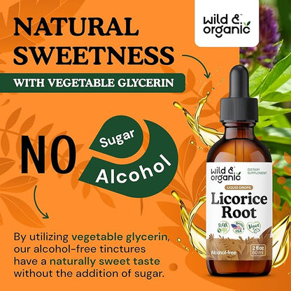 Wild & Organic Licorice Tincture - Digestive Support - Pure Licorice Root Extract Drops - Glycyrrhiza Glabra - Vegan, Sugar & Alcohol-Free Supplement - 2 fl oz