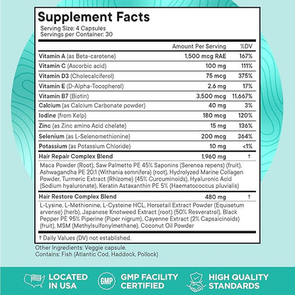 Women's Balance Hair Growth Supplements, Ages 45 and Up, Customer Proven for Visibly Thicker Hair and Scalp Coverage, Soy-Free, Made with 26 Ingredients Including Beta Carotenes - 1 Month Supply