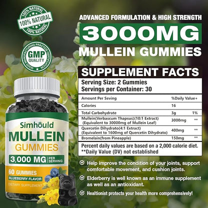 1 Pack Sugar Free 3000MG Mullein Gummies - Lung Cleanse, Mullein Leaf Extract Supplement for Respiratory, Organic Mullein Drops with Quercetin & Bromelain for Lung, Digestive Health & Immune