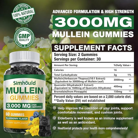 1 Pack Sugar Free 3000MG Mullein Gummies - Lung Cleanse, Mullein Leaf Extract Supplement for Respiratory, Organic Mullein Drops with Quercetin & Bromelain for Lung, Digestive Health & Immune