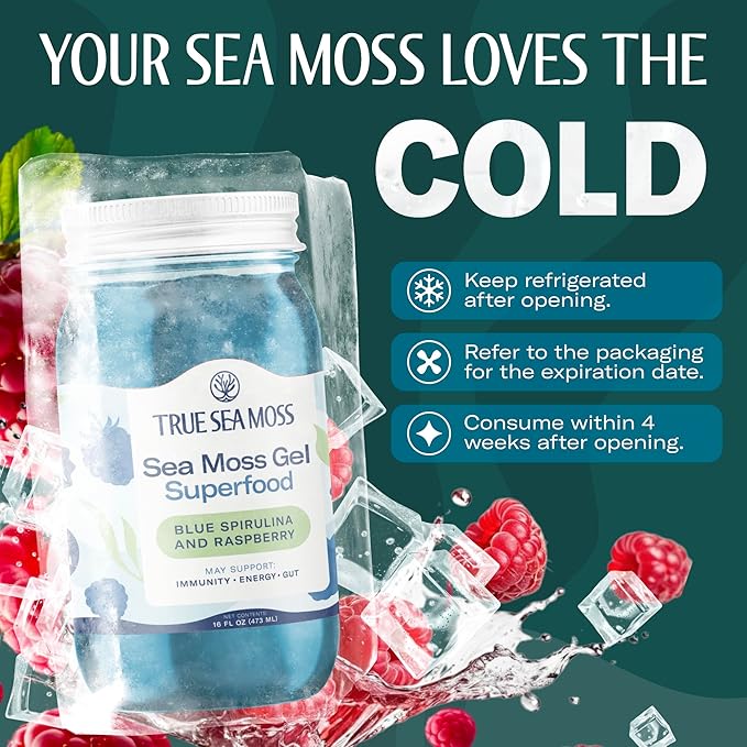 TrueSeaMoss Sea Moss Gel – Made in USA – Wildcrafted Seamoss, Fresh Fruits & Sea Vegetables – Blue Spirulina, Pack of 1 (Labels may Vary)