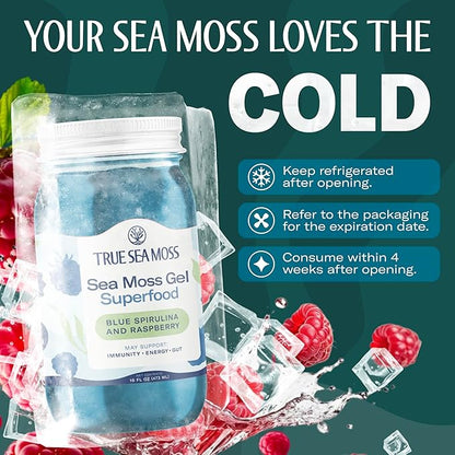 TrueSeaMoss Sea Moss Gel – Made in USA – Wildcrafted Seamoss, Fresh Fruits & Sea Vegetables – Blue Spirulina, Pack of 1 (Labels may Vary)