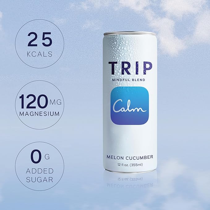Trip Mindful Blend, Lightly Sparkling Adaptogen Seltzer, Mocktail w/ 120mg Magnesium Citrate with Ashwagandha, Lions Mane & L Theanine, No Added Sugar, Vegan, Melon Cucumber, 12 Oz, 12Pk