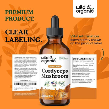 Wild & Organic Cordyceps Tincture - Cordyceps Sinensis Mushroom Extract for Immune & Energy Support - Liquid Mushroom Supplement - Vegan, Sugar & Alcohol-Free Drops - 4 fl oz