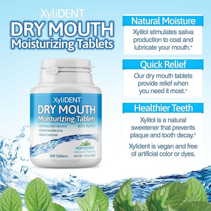 Nature's Stance XyliDENT Xylitol Tablets for Dry Mouth Relief - Stimulates Saliva, Freshens Breath, Reduces Acid Production, Fast Acting Relief, 100 Count (Peppermint)