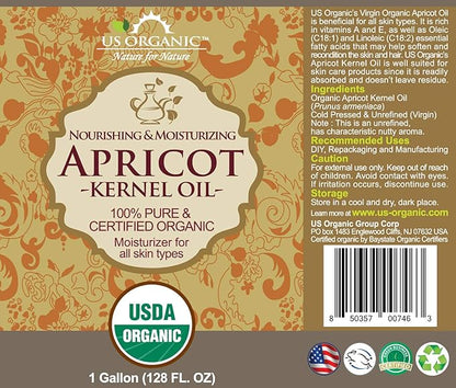 US Organic Apricot Kernel Oil, USDA Certified Organic,100% Pure & Natural, Cold Pressed Virgin, Unrefined, Size for DIY and small manufacturers (128 oz (1 Gallon))