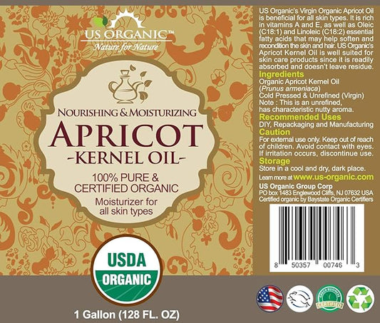 US Organic Apricot Kernel Oil, USDA Certified Organic,100% Pure & Natural, Cold Pressed Virgin, Unrefined, Size for DIY and small manufacturers (128 oz (1 Gallon))