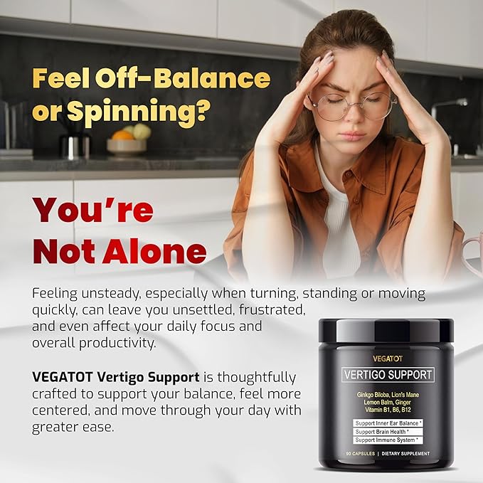 VEGATOT Vertigo Supplement *USA Made and Tested* Inner Ear Supplement with Ginkgo Biloba Lion's Mane Lemon Balm Ginger VIT B1, B6, B12- for Dizziness Spinning Inner Ear Balance