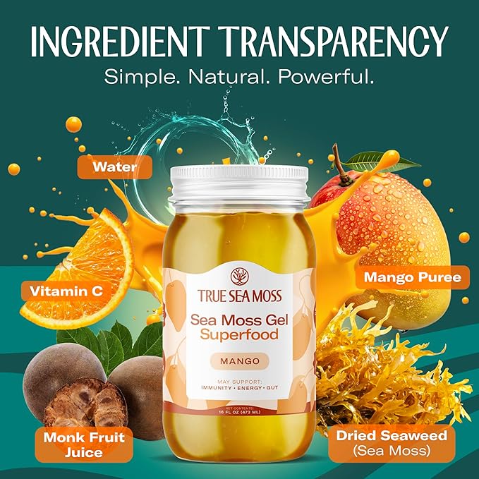 TrueSeaMoss Sea Moss Gel – Made in USA – Wildcrafted Seamoss, Fresh Fruits & Sea Vegetables – Mango, Pack of 2 (Labels May Vary)