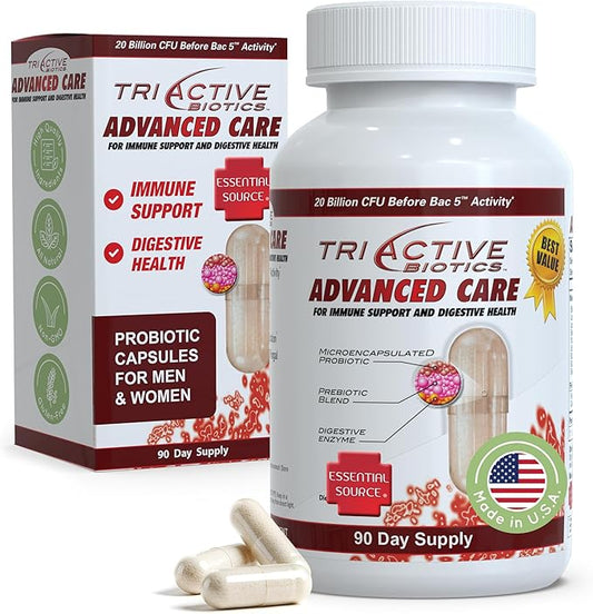 TriActive Biotics Advanced Care - 20 Billion CFU Probiotics for Digestive Health, Immune Support Supplement, Microencapsulated Probiotics for Women & Men, 90 Ct Capsules