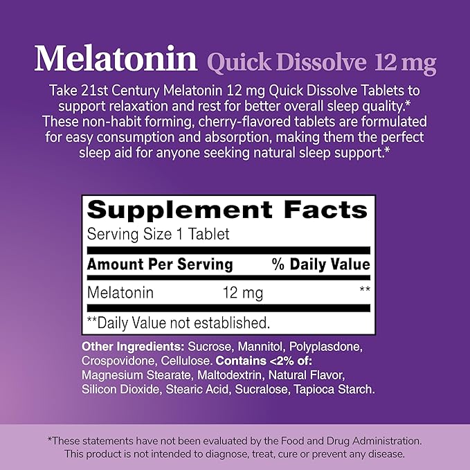 21st Century Melatonin 12 mg Quick Dissolve Max Strength Tablets, (120 Count) Sleep Aid for Adults, Cherry Flavored Sleep Supplement, Gluten-Free, No Artificial Colors or Preservatives
