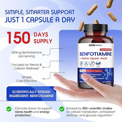 VITAL HERBAL Liposomal Benfotiamine with Alpha Lipoic Acid - Maximum Potency- Support Healthy Metabolism - Made in The USA