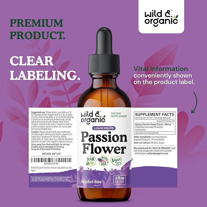 Wild & Organic Passionflower Tincture - Relaxing Passion Flower Drops for Women - Liquid Passiflora Incarnata Herb - Vegan, Sugar & Alcohol-Free Extract Supplement - 2 fl oz