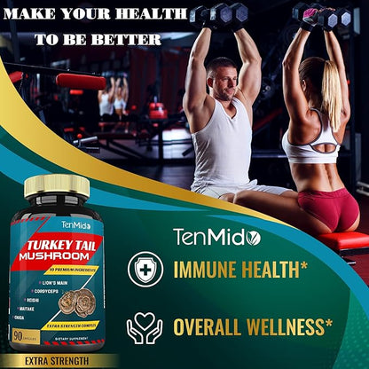 Turkey Tail Mushroom Supplement Extract with Lions Mane, Cordyceps, Reishi and More, 10 Herbs in 1 | Improves Digestive Function, Supports Immune System, 3 Months Supply