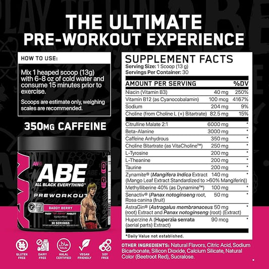 All Black Everything Pre Workout Powder | 30 Servings | Baddy Berry | 350mg Caffeine | Nootropic Pre-Workout Blend | Beta Alanine + Citrulline | Energy Supplement for Men and Women