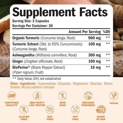 Turmeric Curcumin Ashwagandha Supplements - Turmeric Supplement & Curcumin with Black Pepper (95% Curcuminoids), Organic Tumeric and Ginger for Max Joint Support, Healthy Energy & Mood. Vegan. 2 Pack