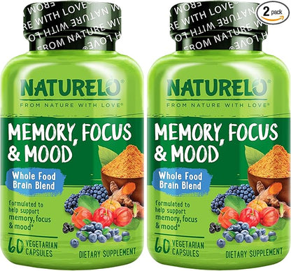 NATURELO Whole Food Brain Supplement - Brain Health Supplements for Memory & Focus Support - Enhance Brain Health Blend Supplement for Adults - 60 Vegetarian Capsules (Pack of 2)