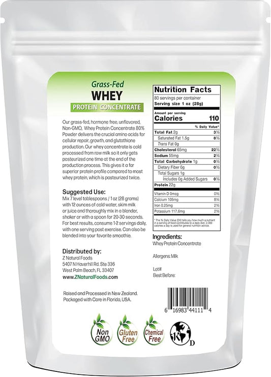 Z Natural Foods Grass-Fed Whey Protein Concentrate - Clean Whey Protein Powder from New Zealand - Cold Processed Pure Whey Protein with Essential Amino Acids for Nutrition & Fitness, Unflavored, 5 lbs