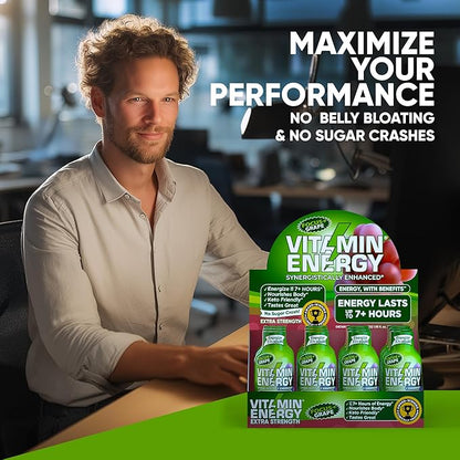 Vitamin Energy Focus+ Extra Strength Energy Shot Grape 48 Pack, 260mg Natural Caffeine, B-Vitamins, CoQ10, Amino Acids, Focus, Productivity & Clarity, Zero Sugar, Gluten-Free, 1.93 fl oz