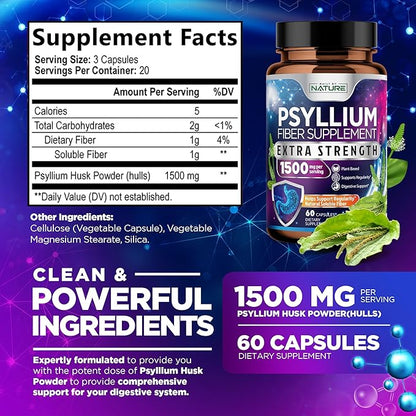 Psyllium Husk Capsules 1500mg - Fiber Supplement - Natural Soluble Fiber Pills with Psyllium Husk Powder - Supports Digestive Gut and Colon Health - Non-GMO, Gluten-Free, Vegan - 60 Capsules