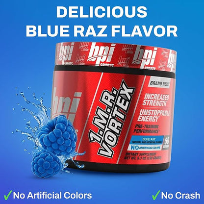 BPI Sports 1.M.R Vortex Pre Workout Powder – High Stim Preworkout for Men & Women with Glycerol, Caffeine, Niacin, and Herbal Extracts – Energy, Focus & Endurance – Blue Raz Flavor – 50 Servings