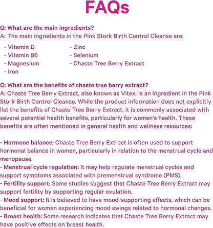Pink Stork Birth Control Cleanse to Support Hormone Balance, with Chaste Tree Berry (Vitex), Magnesium, and Selenium, Period Support for Conception, Fertility Supplements for Women - 60 Capsules