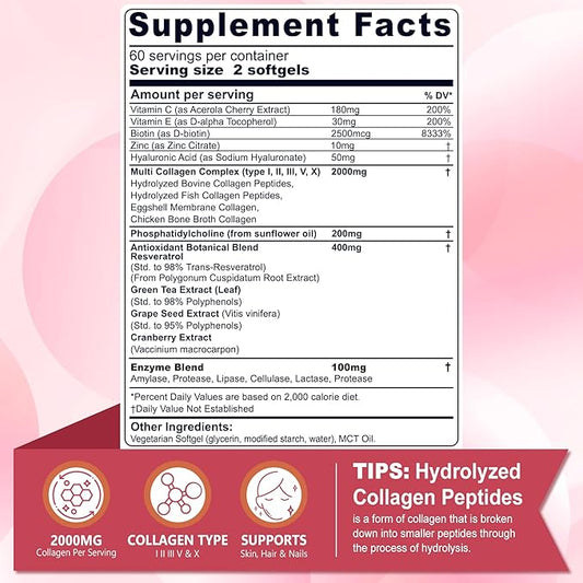 2 Pack Liposomal Collagen Peptides Pills for Women 2000mg, Multi Hydrolyzed Collagen Type I, II, III, V, X with 2500mcg Biotin - Collagen Supplements Softgels with Hair, Skin & Nails Vitamins, 240 Cts