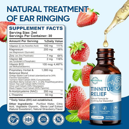 Tinnitus Relief for Ringing Ears, Ear Tinnitus Relief Drops, Herbal Ringing Relief with Ginkgo Biloba, Vitamin C, B12 for Ear Clicking Buzzing, Improving Hearing for Men and Women, Strawberry 2 Fl Oz