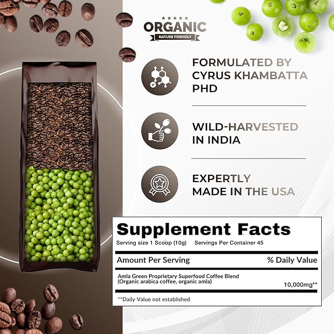 Amla Green Organic Ground Superfood Coffee, Medium Roast Gourmet Coffee with Antioxidant Rich Indian Gooseberry, 100% Arabica Specialty Coffee, 16 Oz