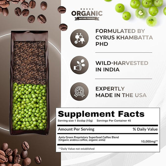 Amla Green Organic Ground Superfood Coffee, Medium Roast Gourmet Coffee with Antioxidant Rich Indian Gooseberry, 100% Arabica Specialty Coffee, 16 Oz