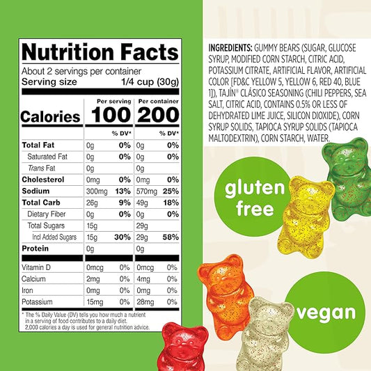 Snak Club Tajin Gummy Bears, Assorted Fruit Candy Gummies with Chili and Lime Seasoning, Mild, Gluten-Free and Vegan Snacks, 2 oz Snack Bags, 12 Pack