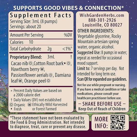 WishGarden Herbs Liquid Bliss Mood Elevator - Plant-Based Herbal Supplement with Organic Cacao, Cotton Root, Passionflower, Increases Sense of Connection, 4oz