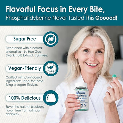 Phosphatidylserine - Nootropic Brian Supplement, Focus & Energy Gummies+ Bacopa Monnieri, Omega 3, Huperzine A, Methyl B12 & B6 for Seniors, Gamers, Workers, Non-GMO, Caffeine-Free, Sugar Free, 2 Pack