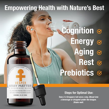 Vesper Gray Matter Mushroom Liquid Extract - 5 Mushroom Blend with Wild Huckleberries for Cognition, Energy, Aging Support, Rest & Prebiotics, USA-Grown, for Full-Spectrum Wellness – 4oz