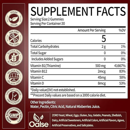 Thiamine Vitamin B1 Gummies - 500g Vegan Sugar Free Thiamine Supplement, with Natural Mixed Berries Flavor for Adults & Kids (60 Counts)