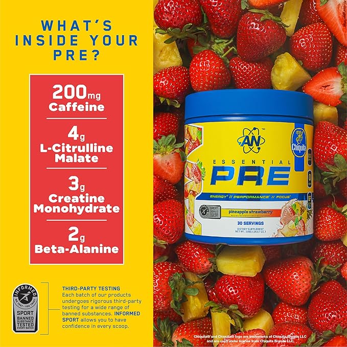 AN Essentials Pre-Workout Powder Supplement for Men & Women | Energy Mix with 200mg Caffeine, Beta Alanine, Citrulline, & Creatine | Chiquita Pineapple Strawberry | 30 Servings