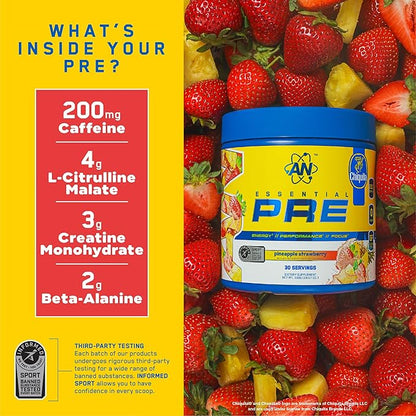 AN Essentials Pre-Workout Powder Supplement for Men & Women | Energy Mix with 200mg Caffeine, Beta Alanine, Citrulline, & Creatine | Chiquita Pineapple Strawberry | 30 Servings