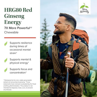 Terry Naturally HRG80 Red Ginseng Energy - Support Healthy Energy & Focus - Herbal Supplement with Korean Red Ginseng Root Powder - Tablets to Aid Healthy Endurance - 30 Chewable Tablets (Pack of 2)