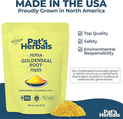 Pat's Herbals Goldenseal Root Powder - 2oz, USA Grown, Non-GMO | Pure Bright Yellow Root Powder