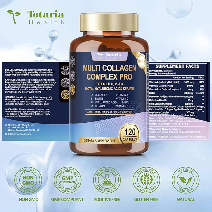 18-in-1 Collagen Pro with Hyaluronic Aicd, Keratin, Biotin, VIT A C & E for Skin, Hair, Nails, Joint & Beauty - Multi Collagen Peptides Capsules with Type I II III V & X for Women & Men - 120 Caps